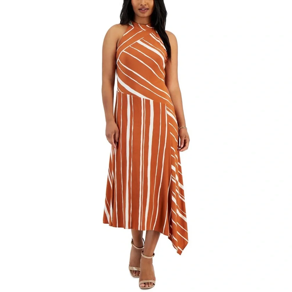 TAYLOR Womens Halter Maxi Dress Size 12 Rust Ivory Asymmetrical Hem - Picture 1 of 10